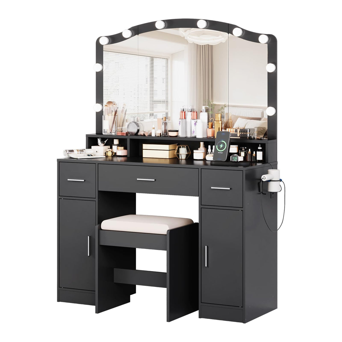 Patikuin Modern Makeup Vanity Table Set with LED Lighted Mirror, 3 Drawers, 2 Cabinets, Charging Ports, Cushioned Stool - Storage Desk for Girls and Women Bedroom or Playroom - Black