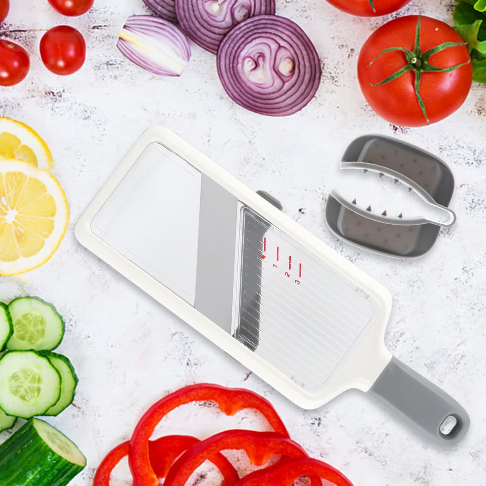 Multi Handheld Mandoline Slicer with Adjustable Stainless Steel Blade, Veggie Chopper & Cheese Grater, Mandolin French Fry Cutter for Speedy Slicing of Fruits and Vegetables
