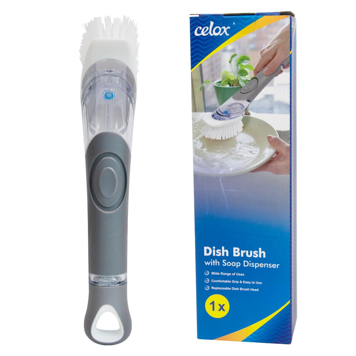 CELOX Dish Brush with Soap Dispenser for Cleaning Pots, Dishes, Bowls, Gray