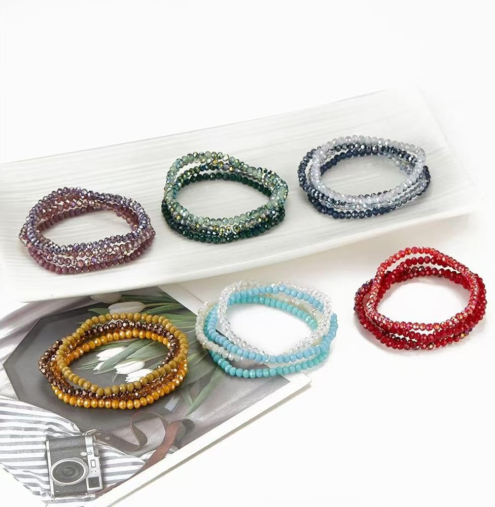 ChungLong0593 Boho Colorful Stackable Crystal Glass Beads Stretch Bracelets Multilayered Bracelets for Women Bohemian Jewelry-Green 4pcs