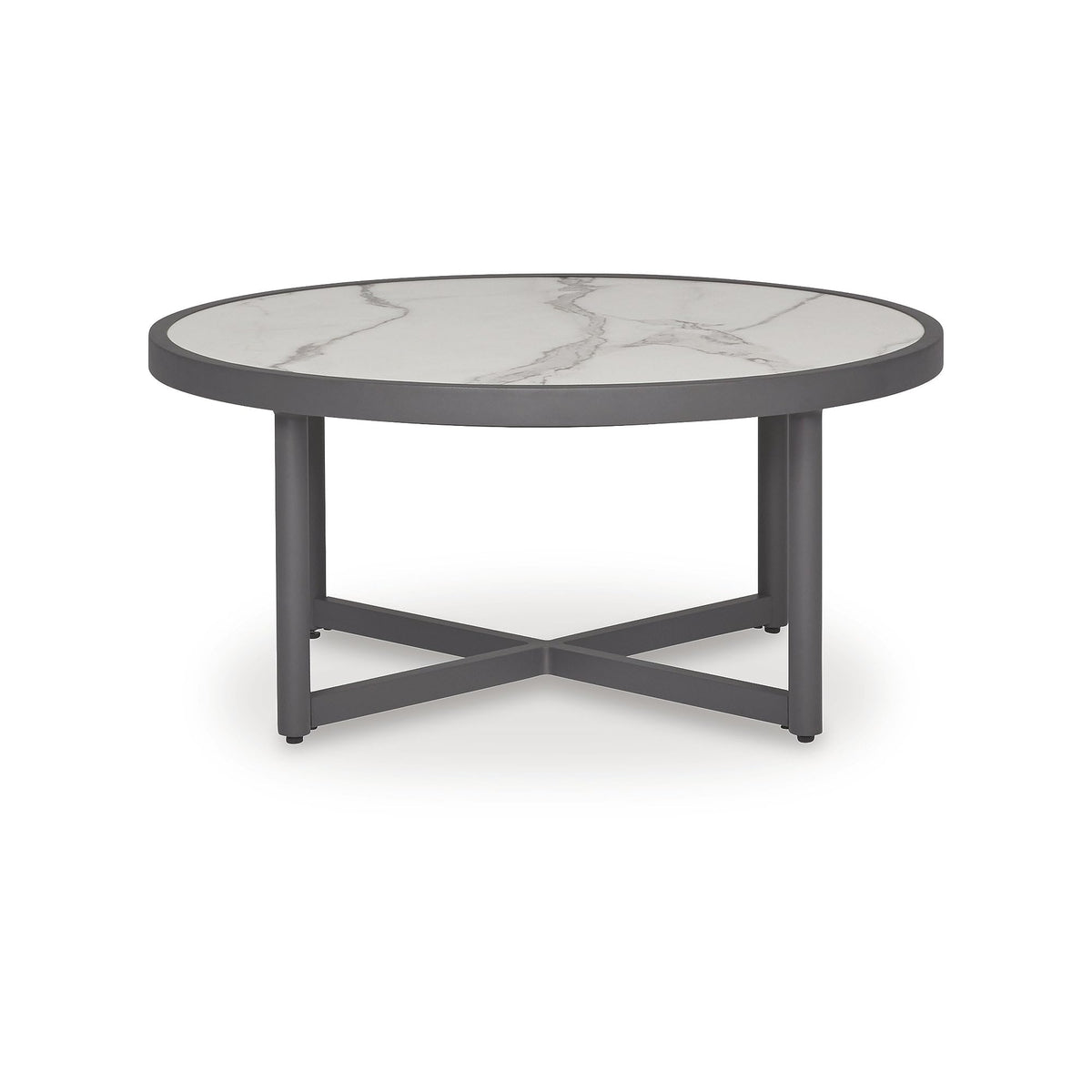 Signature Design by Ashley North Island Outdoor Coffee Table, Contemporary Patio Table with Marble Look Sintered Stone Top, Rust-Resistant Aluminum for Porch or Patio, Gray