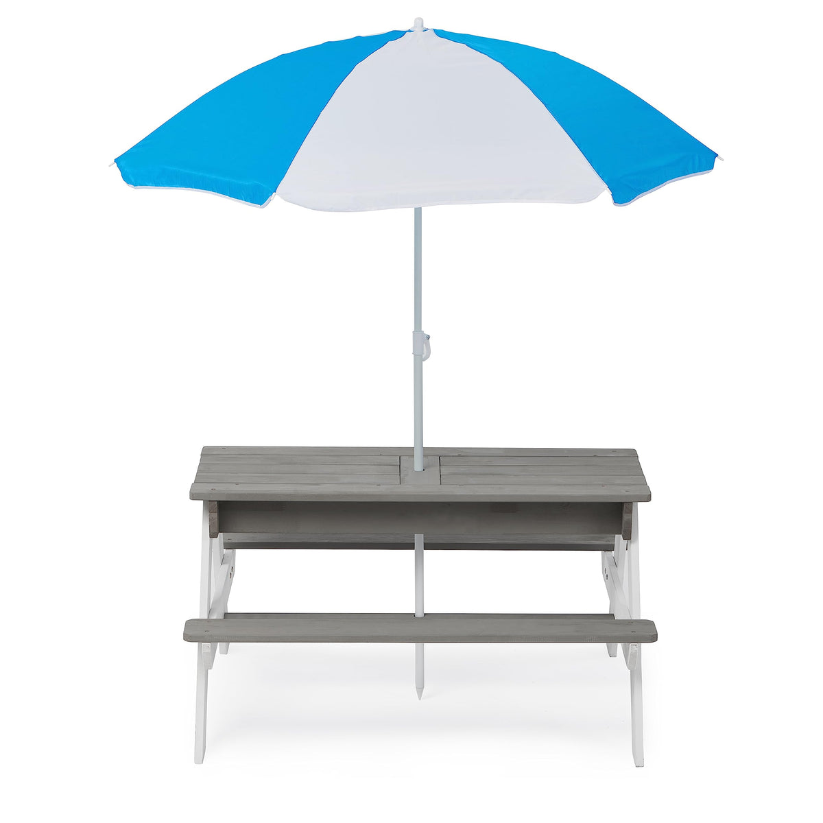 3 in 1Outdoor Wooden Picnic Table with Umbrella, Convertible Sand Wate, Gray CPSIA Certification