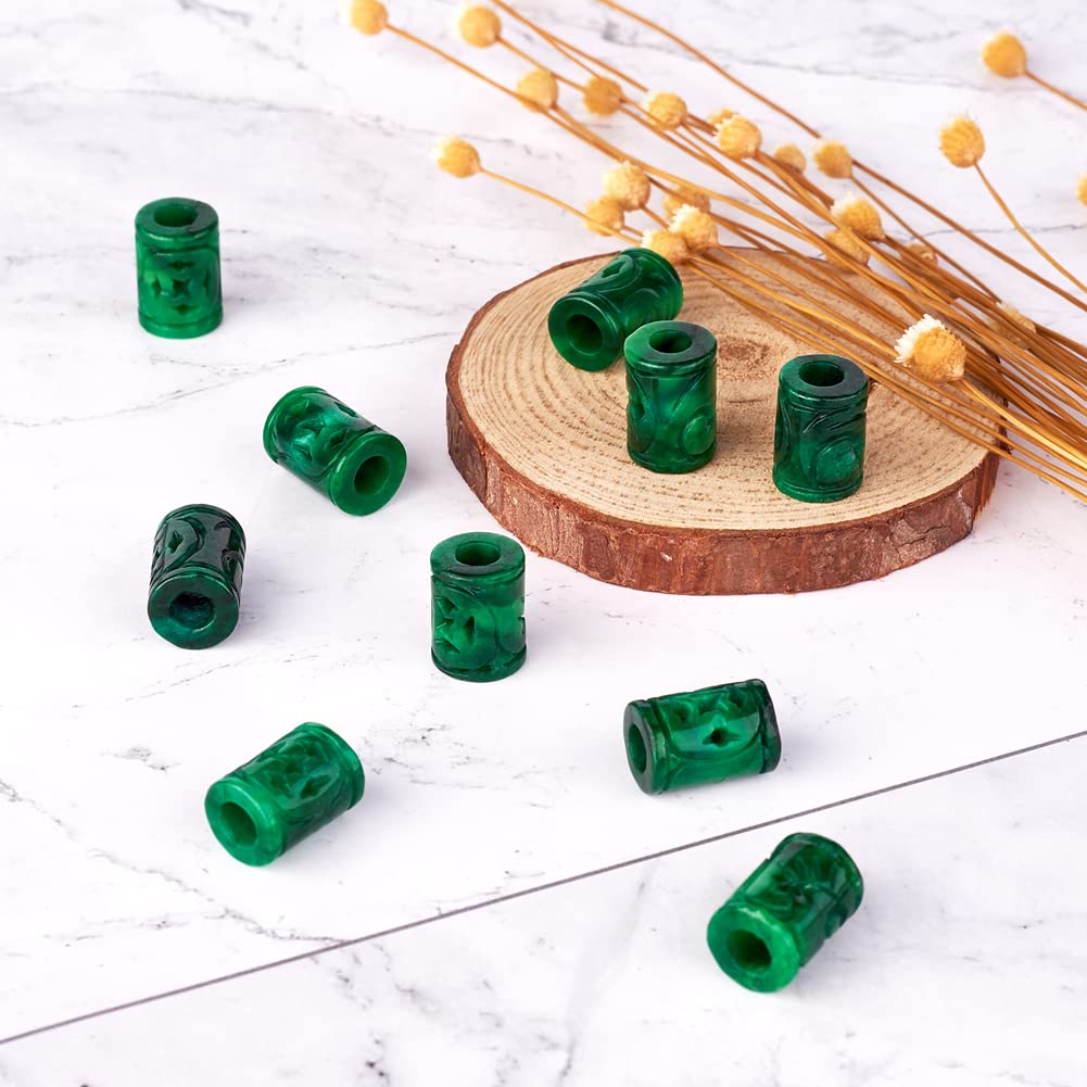 Fashewelry 10Pcs Natural Myanmar Jade Stone Large Hole Beads Engraving Carved Filigree Europeam Charm Beads Tube Column Shape Healing Chakra Gemstone Hollow Loose Spacers for Jewelry Making 5mm Hole