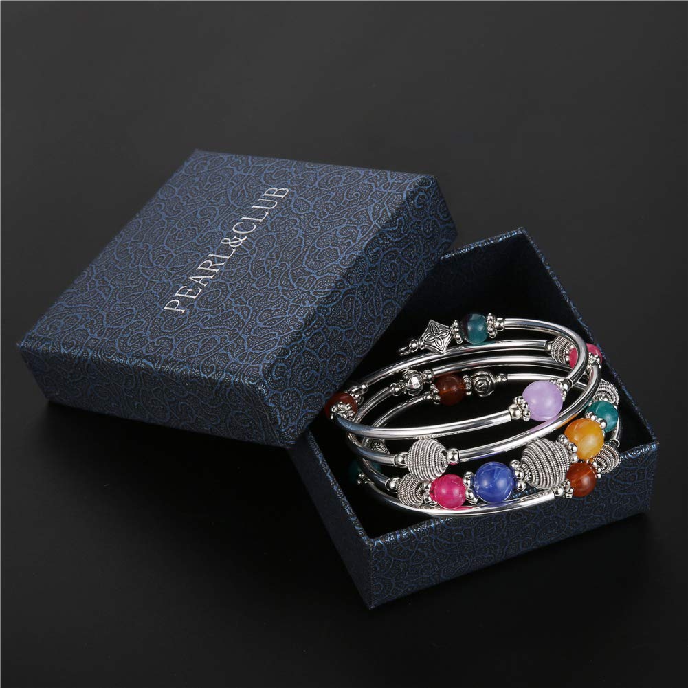 PEARL&CLUB Beaded Chakra Bangle Turquoise Bracelet - Fashion Jewelry Wrap Bracelet with Thick Silver Metal and Mala Beads, Birthday Gifts For Women(Colorful)