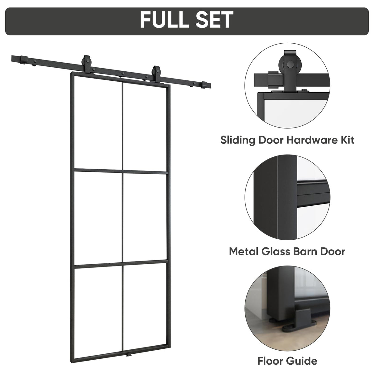 BARNSMITH 36in x 96in Glass Barn Door with 6FT Hardware Included, Aluminum Alloy Frame Frosted Tempered Glass, 6-Lite Lightweight Sliding Barn Door, Easy Assembly