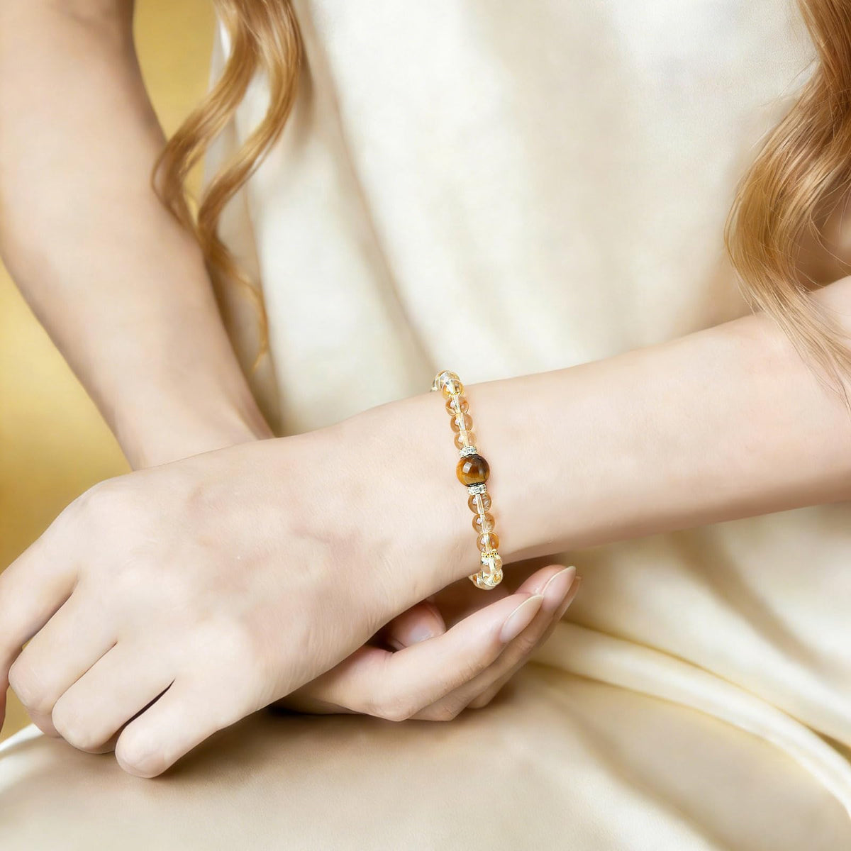 Magiriam Citrine Crystal & Tiger’s Eye Stretch Bracelet with Zircon Inlay | 17CM Comfortable Elastic Fit | Healing Gemstone Bracelet Single Circle-Gift for Women Lady and Friends
