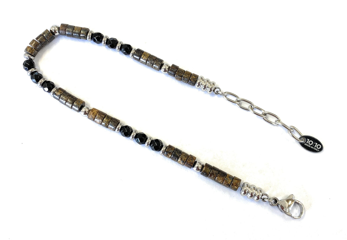 10:10 Beaded Bracelet for Men and Women โ Natural Gemstone Bracelet and Stainless Steel โ Adjustable, Durable and Elegant โ Made in Italy (Bronzite - Agate)