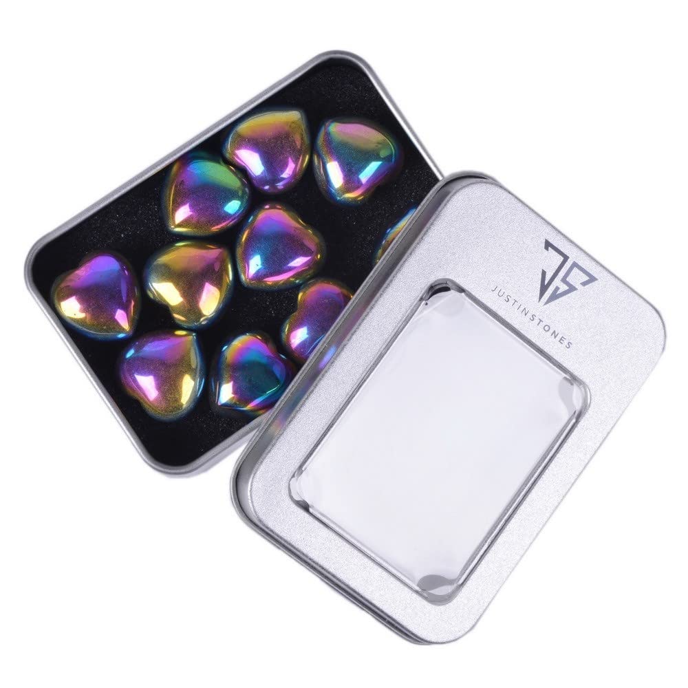 Coated Rainbow Hematite Gemstone Healing Crystal 0.8 inch Mini Puffy Heart Pocket Stone Iron Gift Box (Pack of 10)