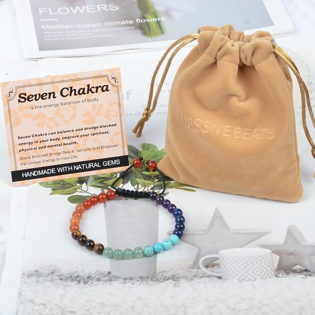 MASSIVE BEADS Seven Chakra Stones - Stone of Balance Energy - Handmade Yoga Adjustable Macrame Bracelet Natural Stone Crystal Healing Power Energy Gifts for Unisex Adult 6mm