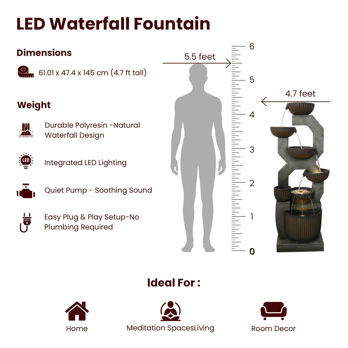 Bumilgar 57" Tall Large Outdoor Water Fountain with LED Lights, 6-Tier Cascading Bowl Waterfall Fountain, Modern Geometric Resin Garden Water Feature for Patio Yard Deck Porch Backyard Decor
