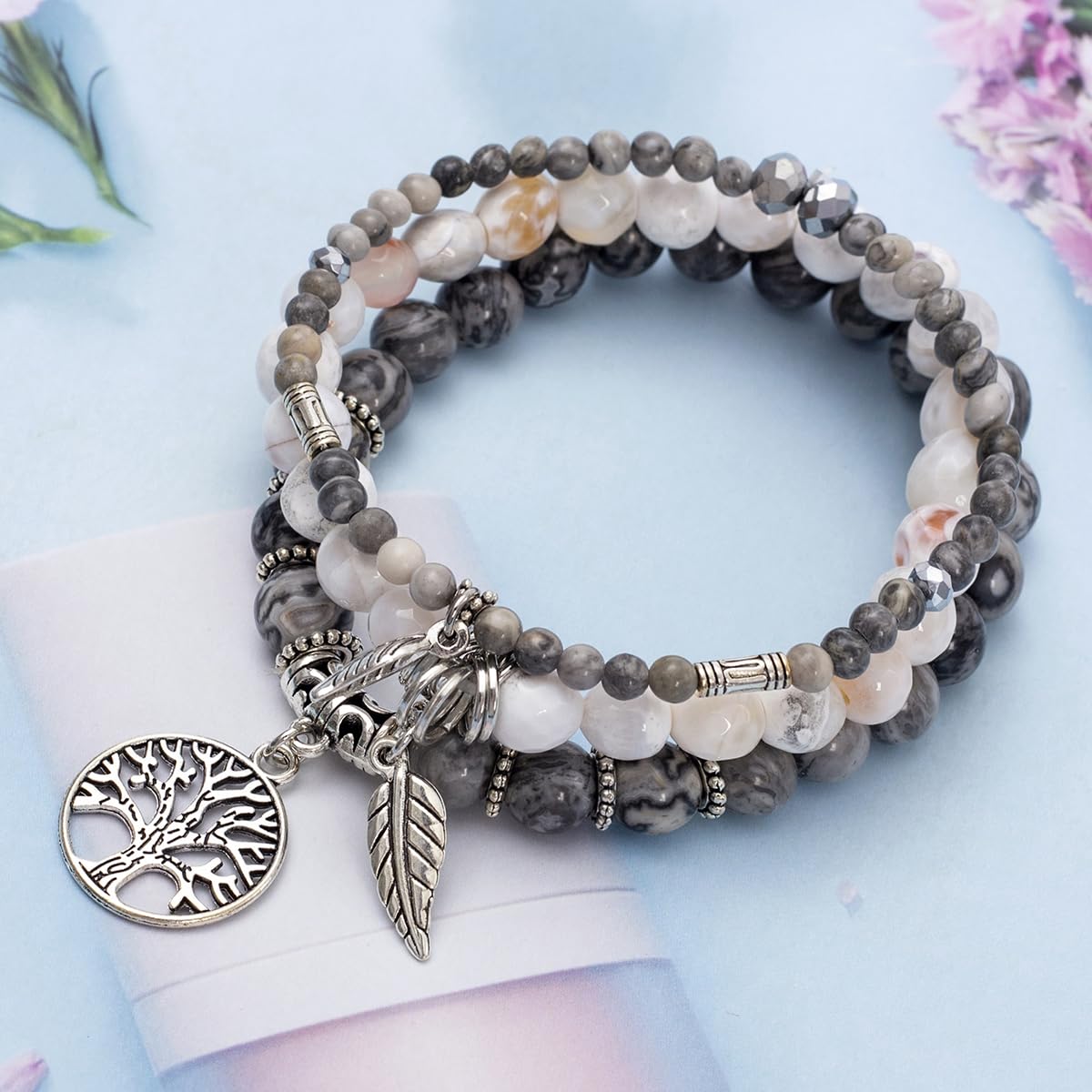 Jardme Healing Crystal Bracelets for Women, 8mm Beaded Natural Stone Stretch Chakra Bracelets Tree of Life Bracelet Jewelry Gifts for Women