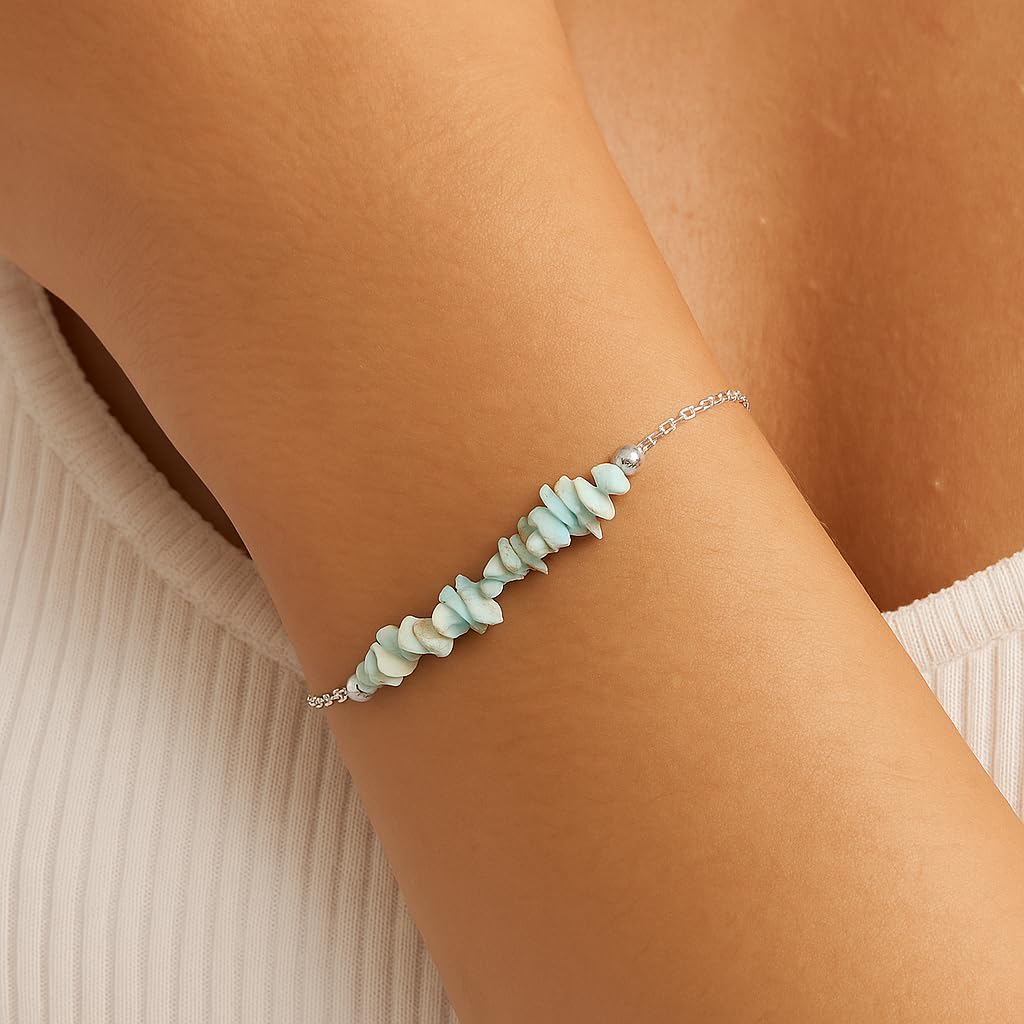 Gemimpression Handmade Larimar Chips Bar Bracelet – Natural Energy Healing Crystals – Silver Plated Adjustable 8 Inch Chain – Christmas Gift
