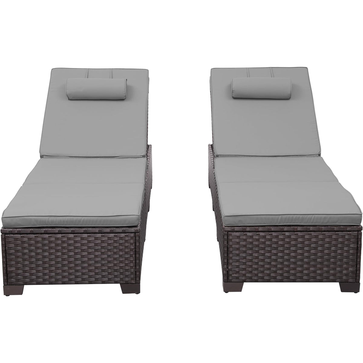 Rattan Star Brown Wicker Patio Chaise Lounge Chairs Set of 2 Outdoor Chaise Lounge Pool Lounge Chairs Poolside Recliner Chairs with Grey Cushions and Headrest