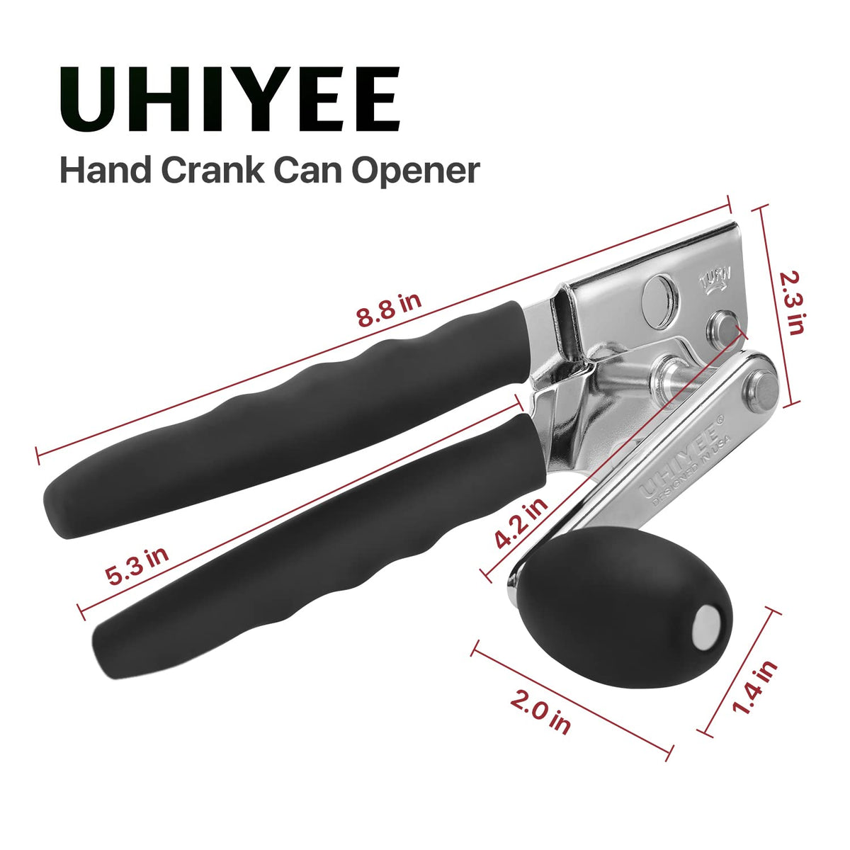 Commercial Can Opener, UHIYEE Hand Crank Can Opener Manual Heavy Duty with Comfortable Extra-long Handles, Oversized Knob, Large Handheld Can Open Easy for Big Cans, Black