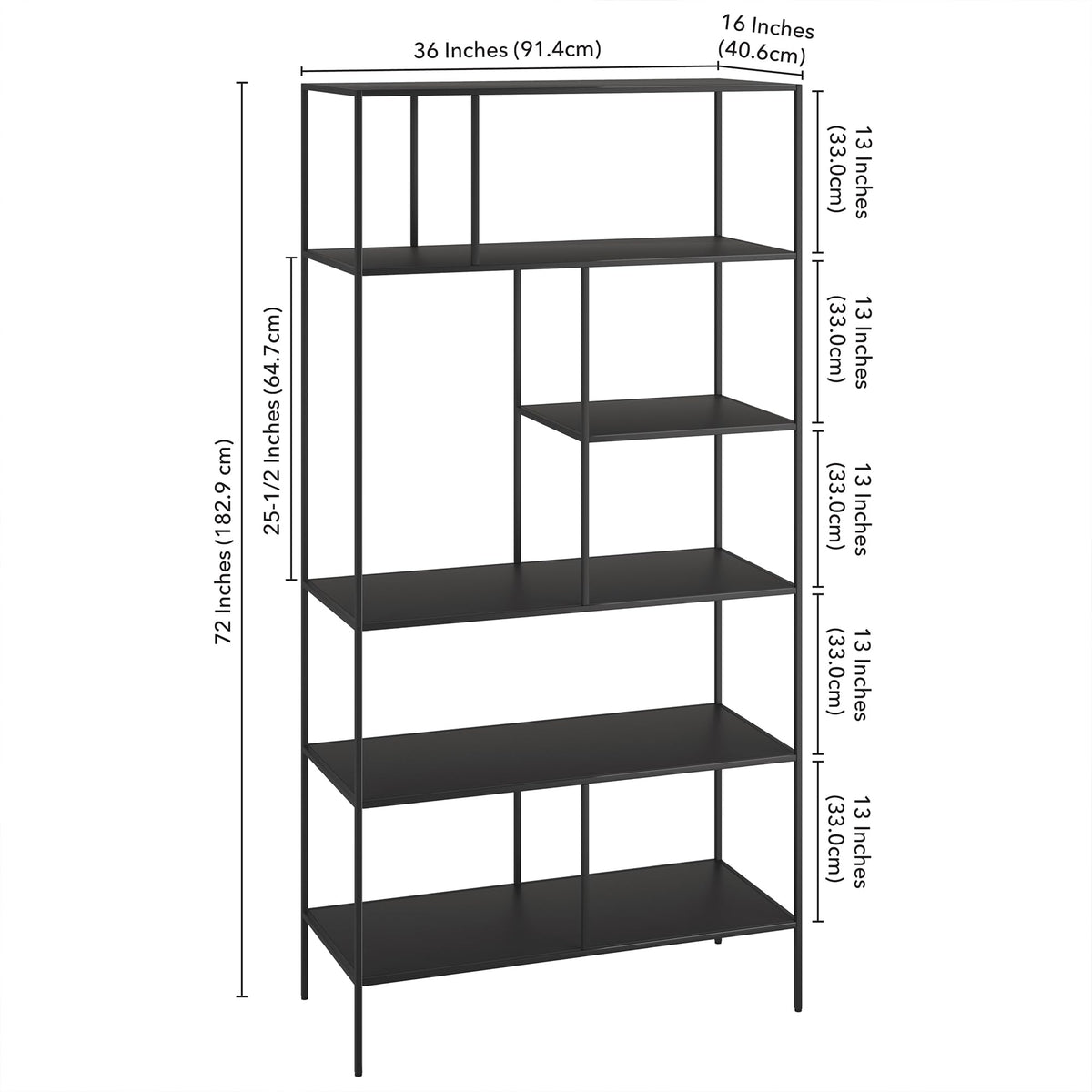 Henn&Hart 72" Modern Metal 5-Tier Bookcase with Staggered Open Metal Shelves for Living Room, Bedroom, or Office, Black