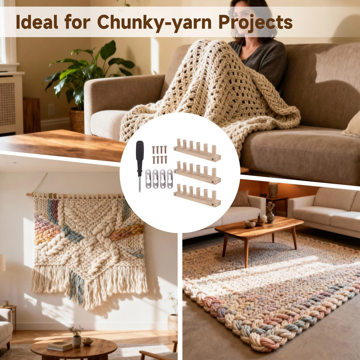 DORMIYA 35.4" Chunky Knitting Blanket Loom, Wooden DIY Weaving Loom Kit, Adjustable Modular Blanket Frame with Assembly Hardware, 3-in-1 Knitting Loom for Thick Yarn