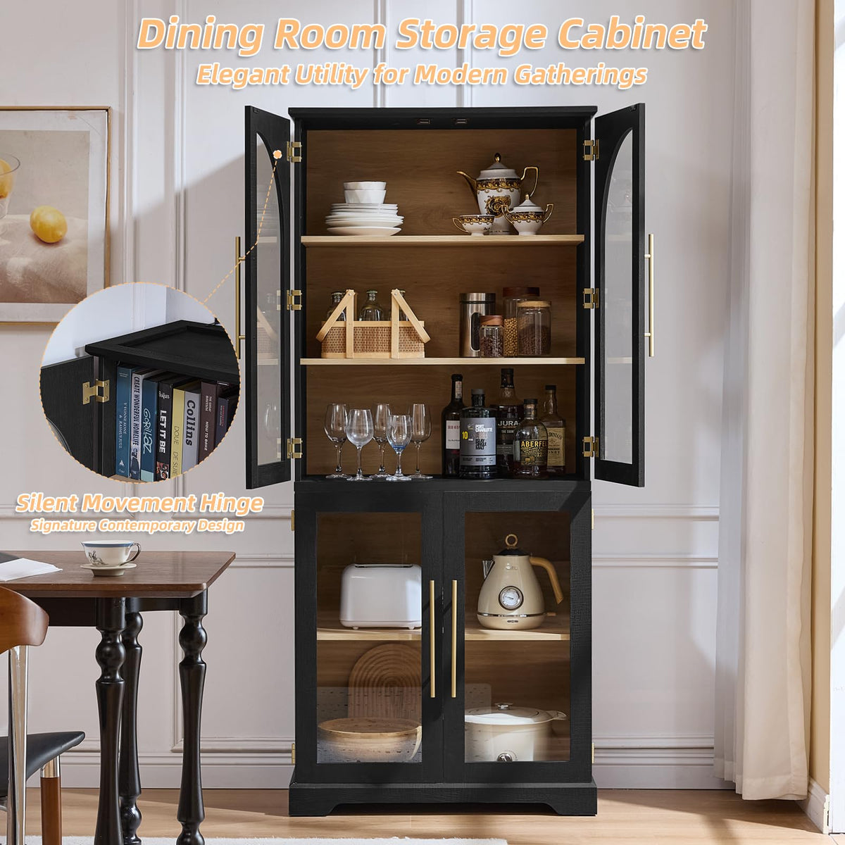 Joaxswe 72" Tall Bookshelf Set of 2, Farmhouse Bookcase with 3-Tier Adjustable Shelves, Modern Living Room Display Cabinet with Glass Doors, Large Storage Cabinet for Home Office,Dining Room, Black