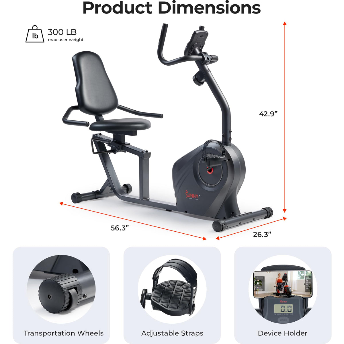 Sunny Health & Fitness Heavy-Duty Recumbent Smart Bike, Wide Cushioned Seat & Back, Cycling Workout Machine, Bicycle Exercise for Adult/Seniors at home, Free SunnyFit App - SF-RB4616SMART