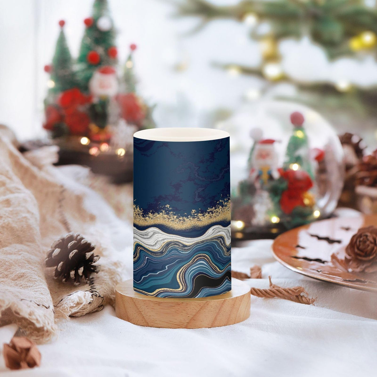 BOENLE Flickering Flameless Candles, Navy Blue Marble Golden Veins LED Candles with Remote Timer, Set of 2 Battery Operated Candle for Valentine Wedding Birthday