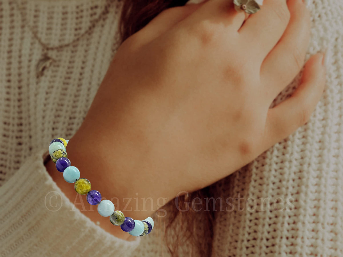 Amazing Gemstone Bracelet for Headaches and Migraines - Amazonite Serpentine Amethyst Bracelet Set for Men Women Healing Calming Anxiety Stress Relief Gifts Pulseras Para Hombres Mujer (Adjustable)