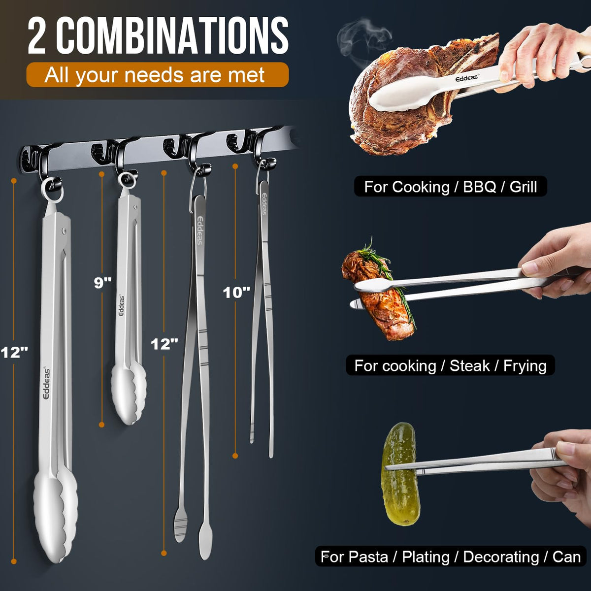 Eddeas Tongs For Cooking - Heat Resistant 600 Degrees, All Metal Kitchen Tweezers Tongs, Heavy Duty Stainless Steel Cooking for Food, Grill, BBQ, Dishwasher safe Set of 4 (12" & 9in)