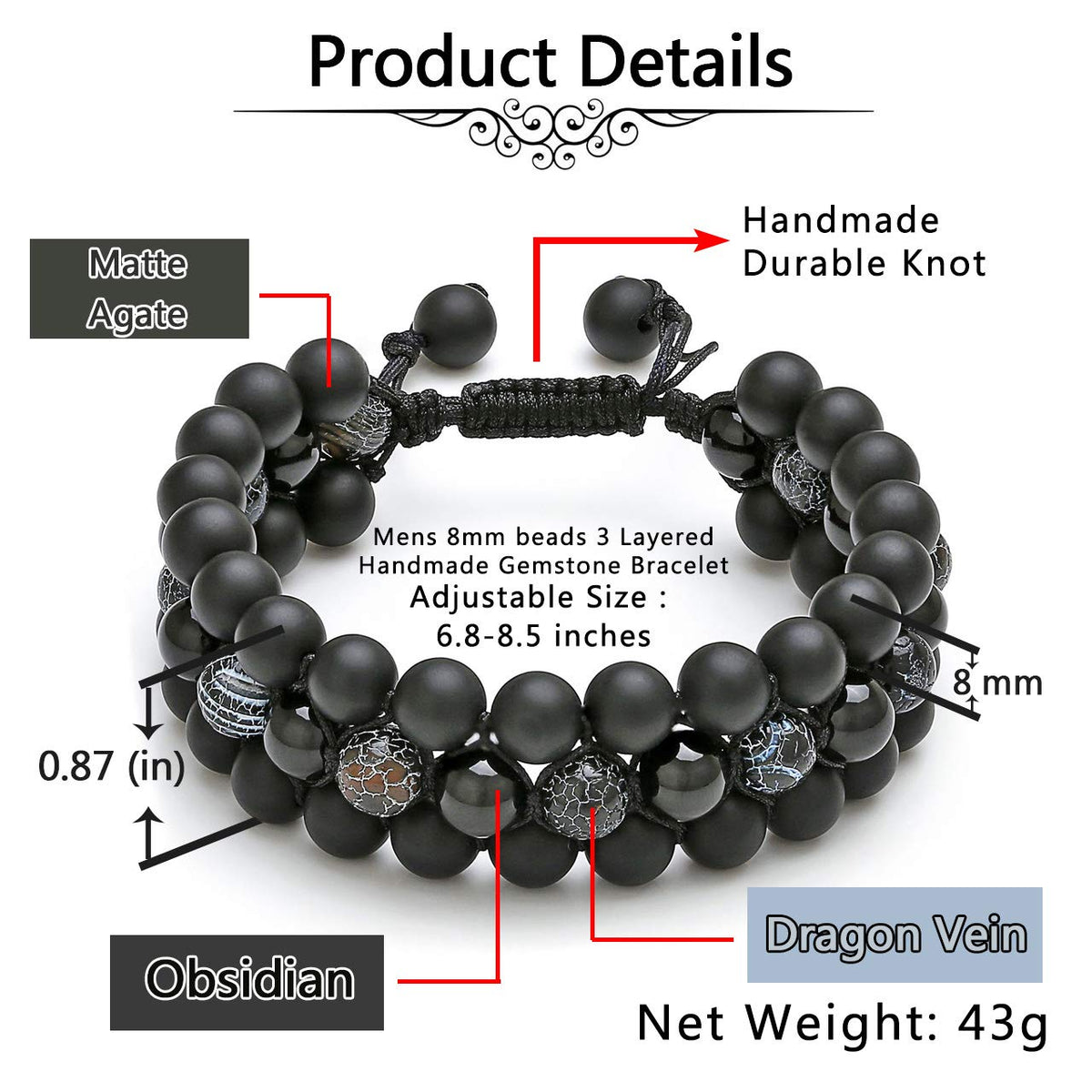 Top Plaza Mens Lava Rock Stone Essential Oil Diffuser Bracelet Chakra Yoga Healing Crystal Bracelet Natural Gemstone Beads Anxiety Bracelets Braided - Matte Black Agate + Dragon Stone