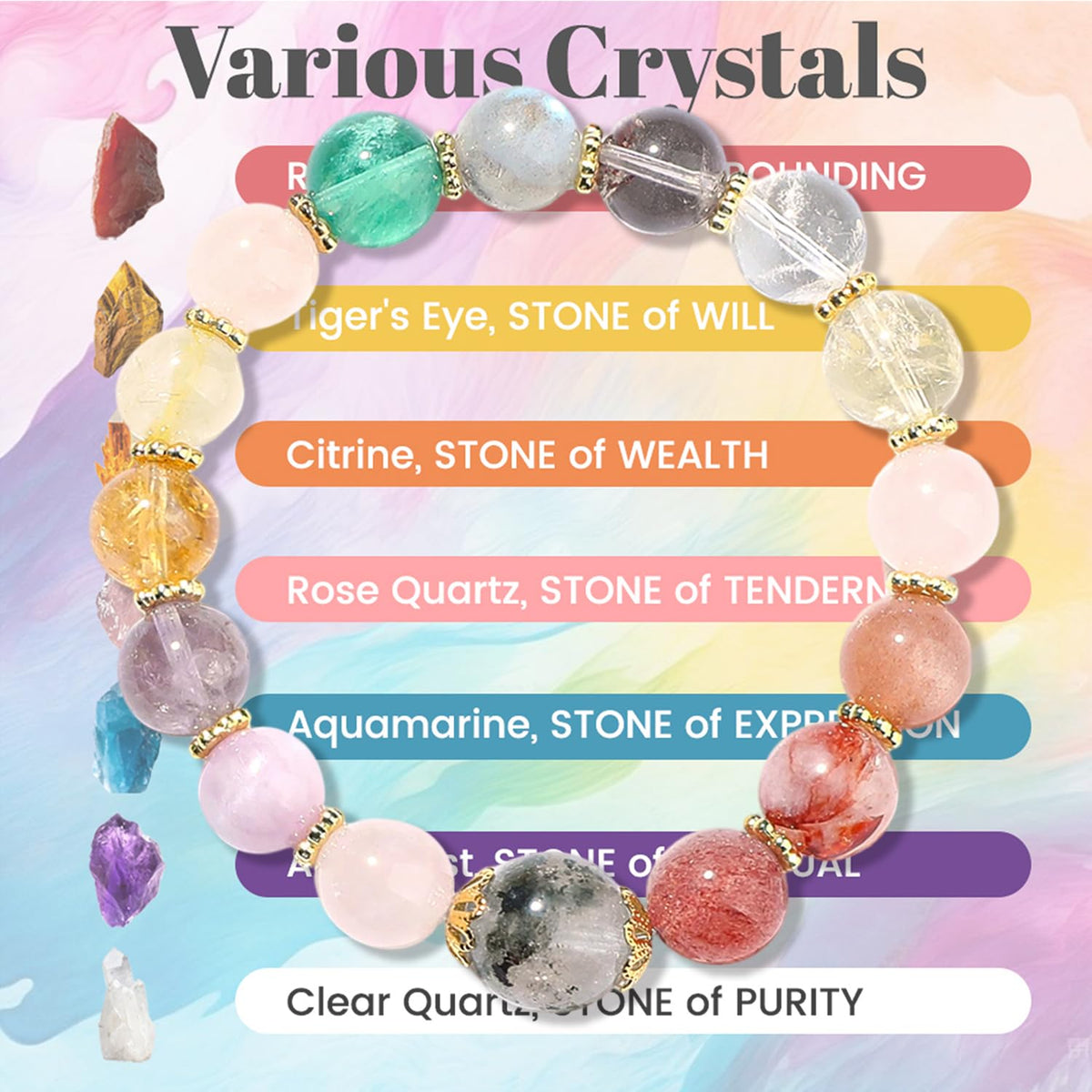 Moslovstar Multi-Gemstone Crystal Healing Bracelet, Colorful Beaded Stretch Bracelets for Women 10 mm Round Meditation Healing Jewlery Gifts