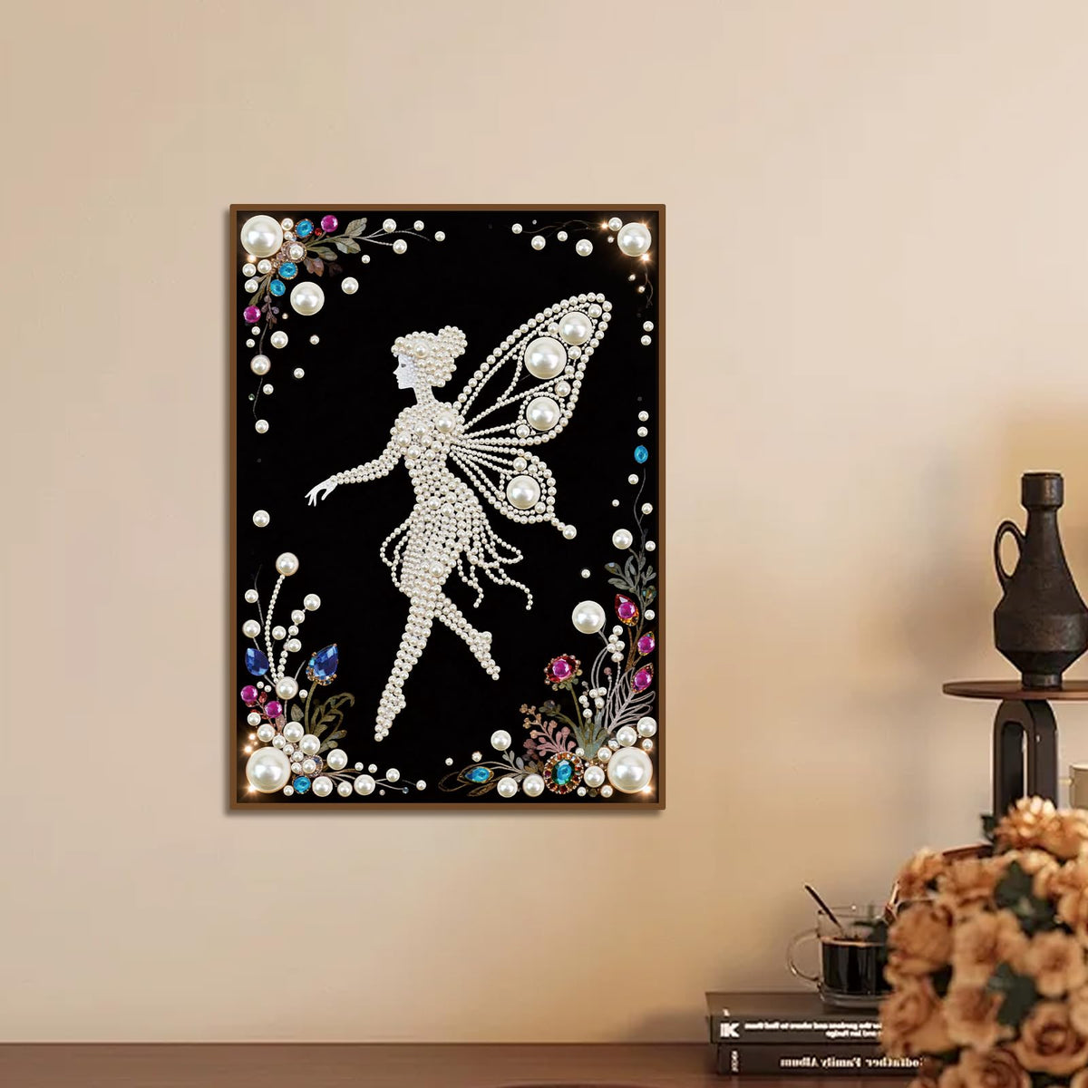Focart DIY Pearl Diamond Painting Black and White Art Kits, Butterfly Fairy Pattern Round Half Pearls Rhinestones Diamond Dots Paintings Arts Craft Gift Home Decor for Beginners 15.74x11.8in