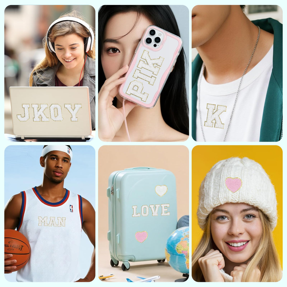 104 Pcs White Chenille Letter Patches & Extra 4 Heart Patches Self Adhesive Stickers Sew On Embroidered Applique Cute Varsity Glitter Stick On Alphabet for Clothing Hats Jeans Fabric