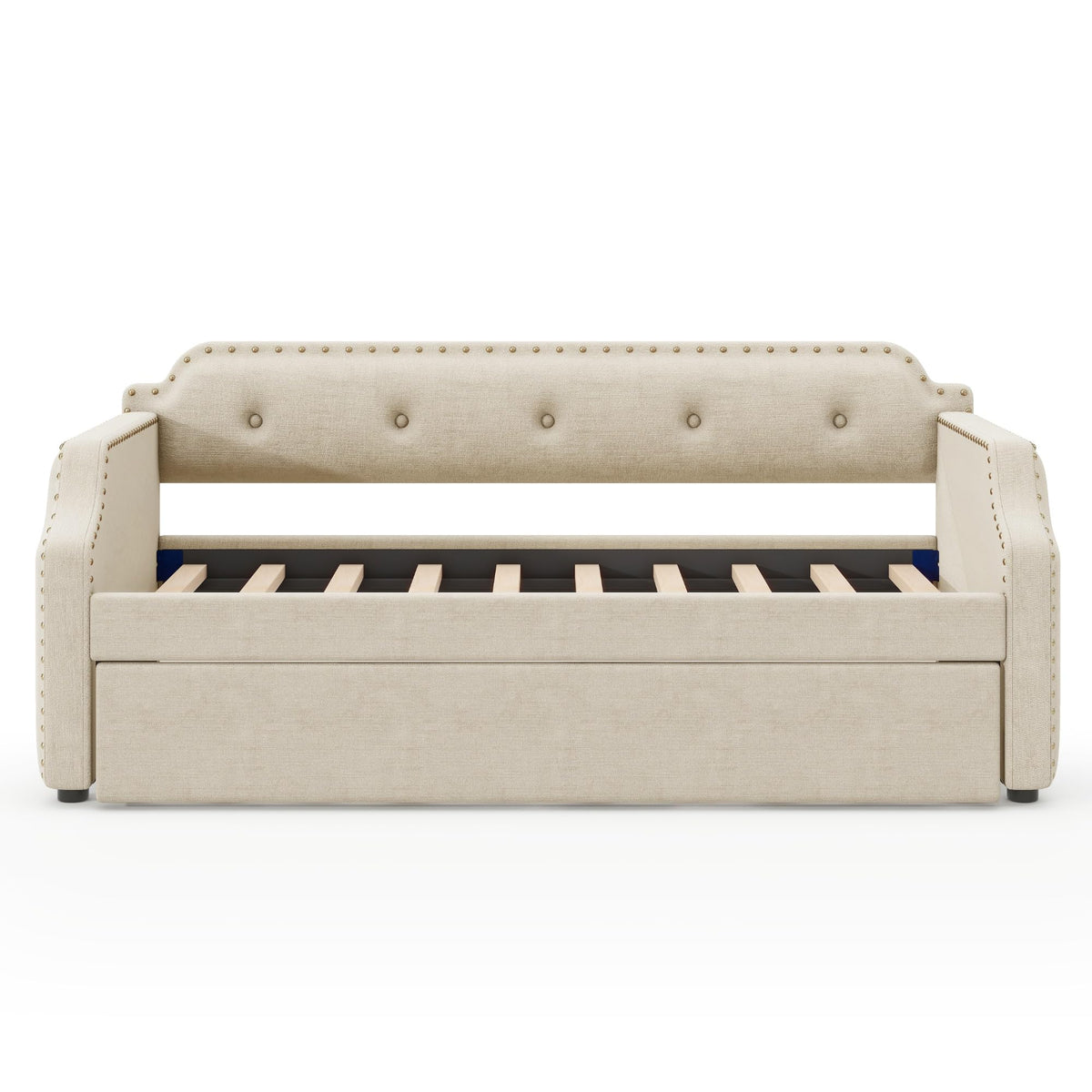 Merax Upholstered Daybed with Trundle, Wood Slat Support,Upholstered Frame Sofa Bed, Twin, Beige