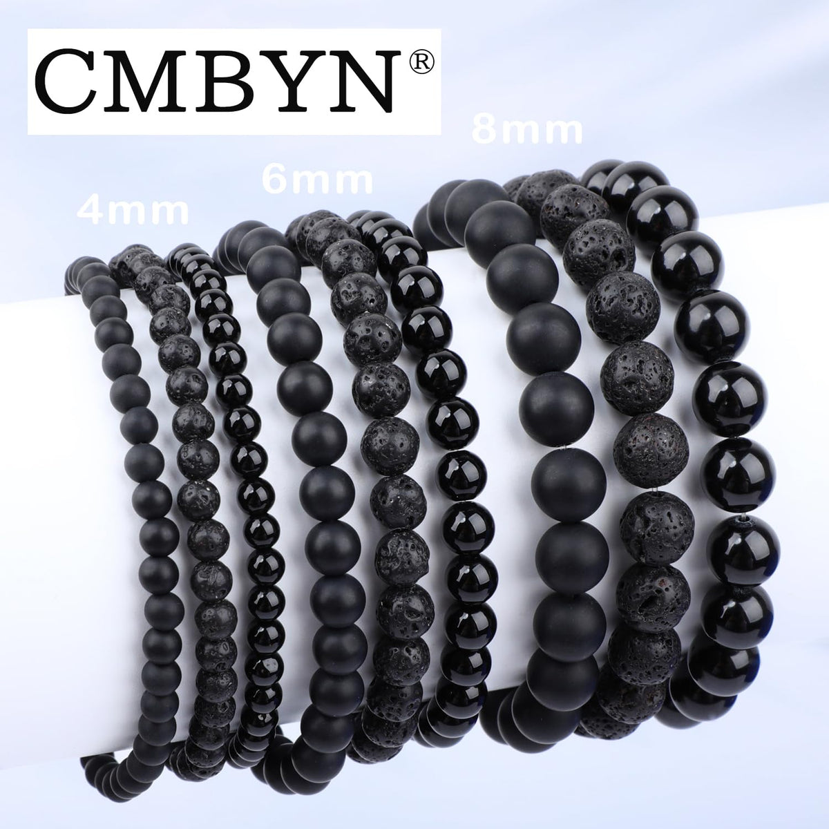 CMBYN 3-Pieces 4mm Natural Crystal Gemstone – Black Lava, Black Onyx, Matte Black Agate Handmade Reiki Energy Healing Stretch Bracelets Jewelry for Yoga, Meditation, Unisex