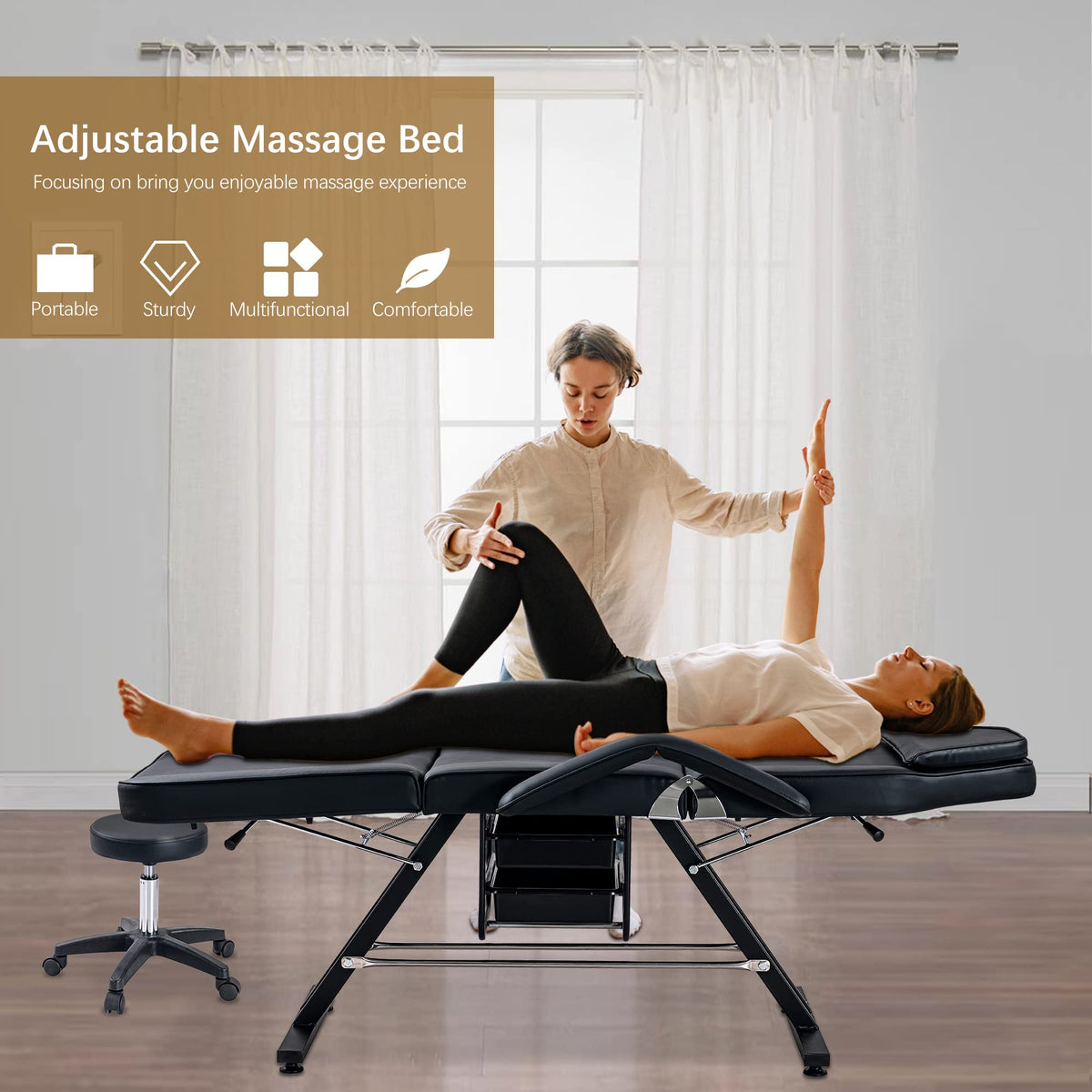 Massage Salon Tattoo Chair with Two Trays Esthetician Bed with Hydraulic Stool,Multi-Purpose 3-Section Facial Bed Table, Adjustable Beauty Barber Spa Beauty Equipment (Black)