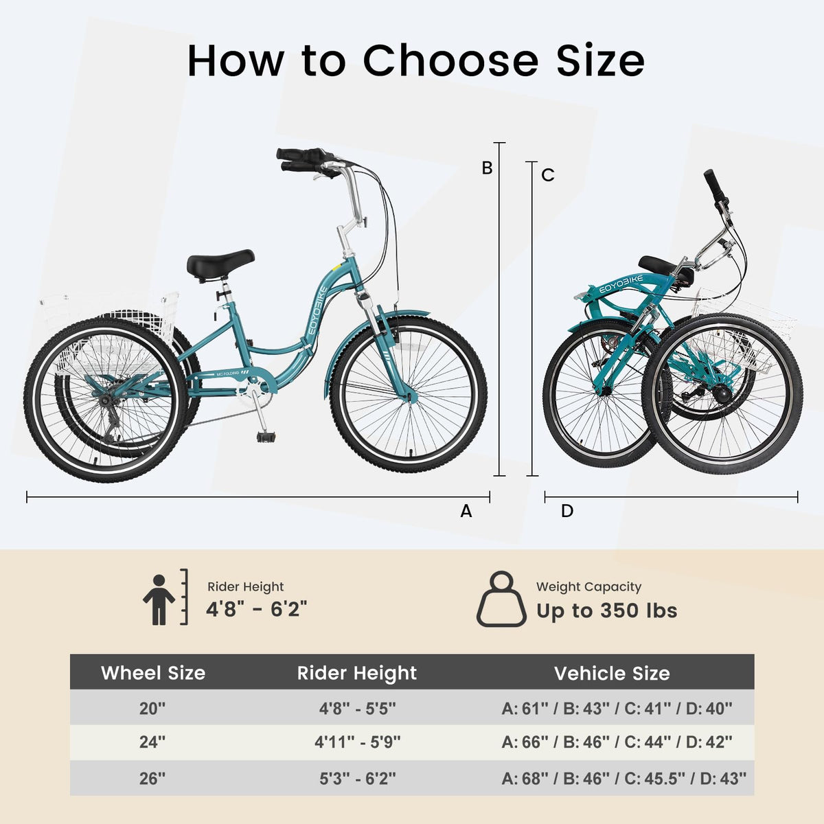 EOYOBIKE Adult Folding Tricycle, 7-Speed 3-Wheel Cruiser Bike with Low Step-Through Frame, Large Rear Basket, Adjustable Seat, 20/24/26 Inch Options