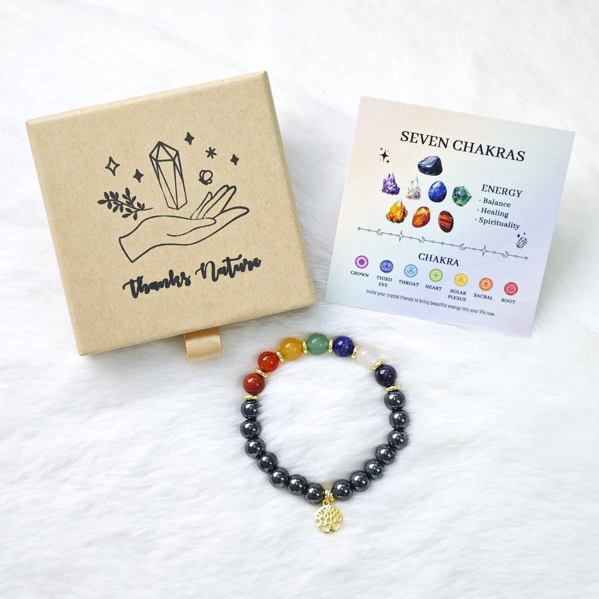 Thanks Nature Seven Chakra 8mm Beaded Bracelet - Balance Natural Healing Crystal Stretch Bracelet for Women and Men - Handmade Semi-Precious Gemstone with Positive Energy