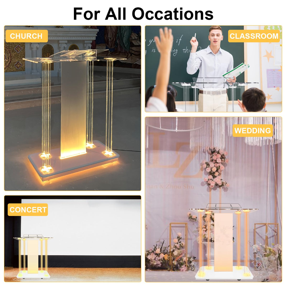 Devloutt Acrylic Church Pilpits with Wheels, 46'' Church Podium with 15 Colors RGB LED Lights,Podium Stand Lecterns Pulpits for Church, Wedding, Concert Speech, Classroom (40”L*17.7”W *46.6”H)