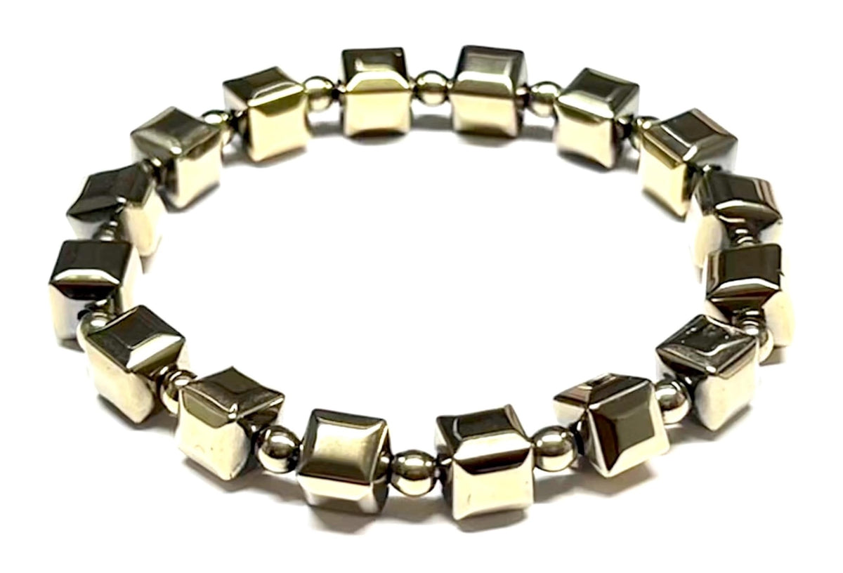 AWAKEN YOUR KUNDALINI Handmade Pyrite Stretch Bracelet – 8mm Cube and Round Beads – Leo Birthstone – Solar Plexus Chakra – Approx. 7 Inch Wrist Size