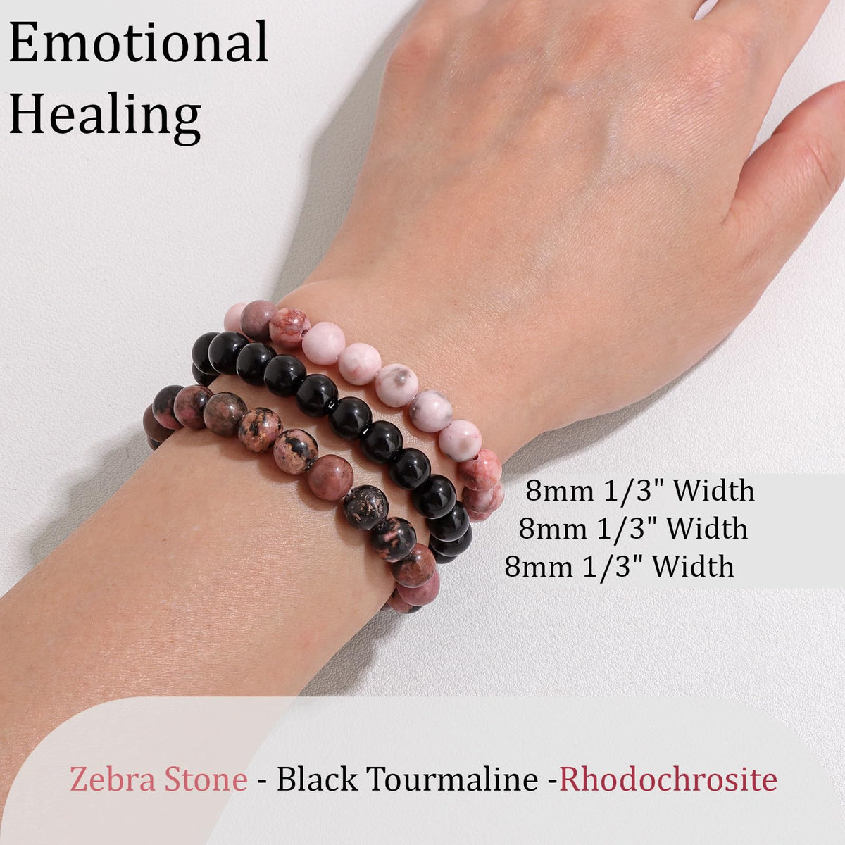 Vinswet Healing Crystal Bracelets for Women Men 8mm Zebra Stone Rhodochrosite Black Tourmaline Natural Stone Beaded Stretch Bracelet Handmade Gemstone Reiki Spiritual Jewelry Gifts