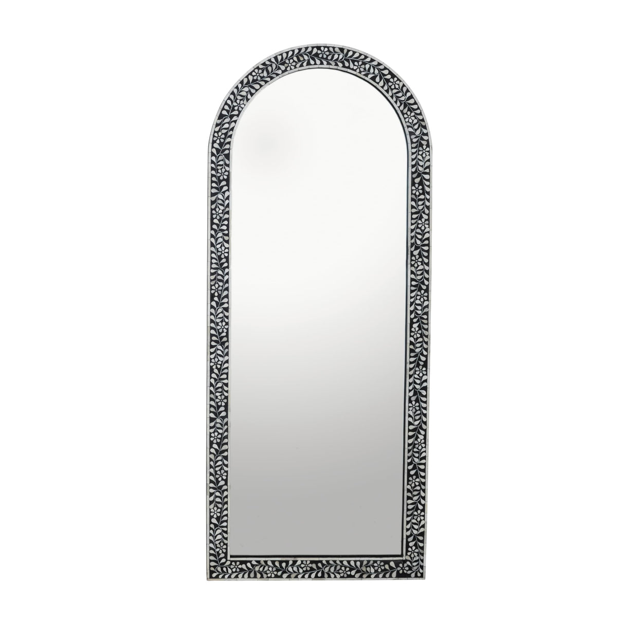 Creative Co-Op Mango Wood Arched Mirror with Bone Inlay Flowers and Leaves, Black and Ivory Finish