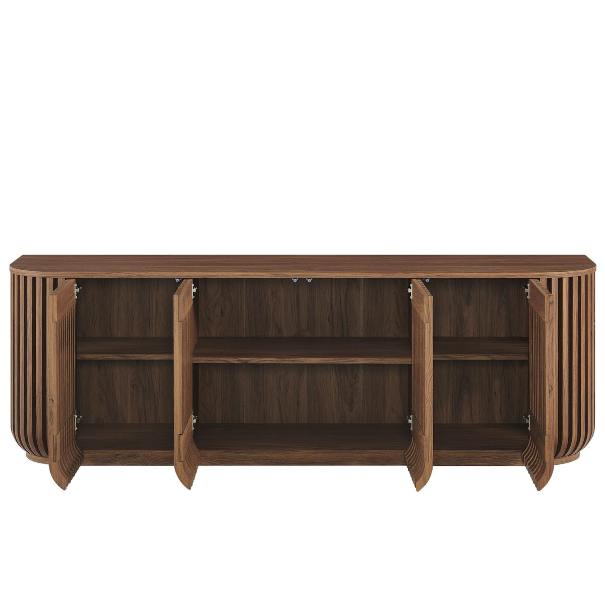 Modway Fortitude 75" Fluted Curved Sideboard Buffet with 4 Doors in Walnut – Modern Media Console TV Stand with Adjustable Shelves and Cable Management – Office Credenza Storage Cabinet