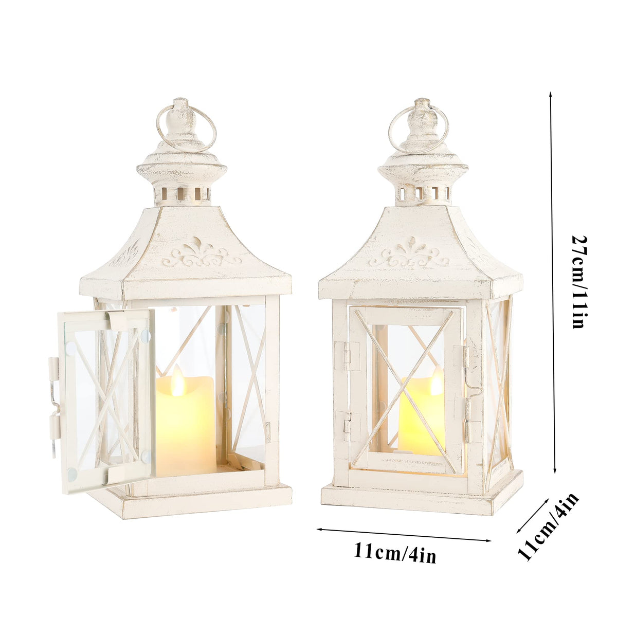 TRIROCKS Set of 2 Decorative Candle Lantern 11'' High Metal Candle Holder Hanging Lantern Perfect for Home Decor Halloween Living Room Parties Events Tabletop Indoors Outdoors (White with Gold Brush)