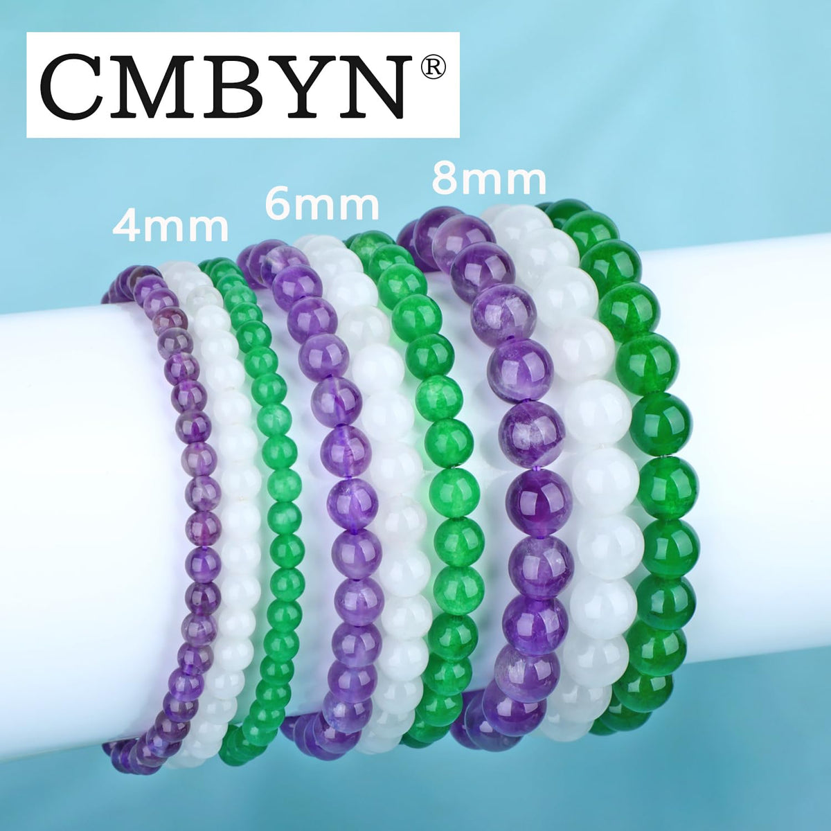CMBYN 3-Pieces 4mm Natural Crystal Gemstone – Amethyst, Green Jade, White Jade Handmade Reiki Energy Healing Stretch Bracelets Jewelry for Yoga, Meditation, Unisex