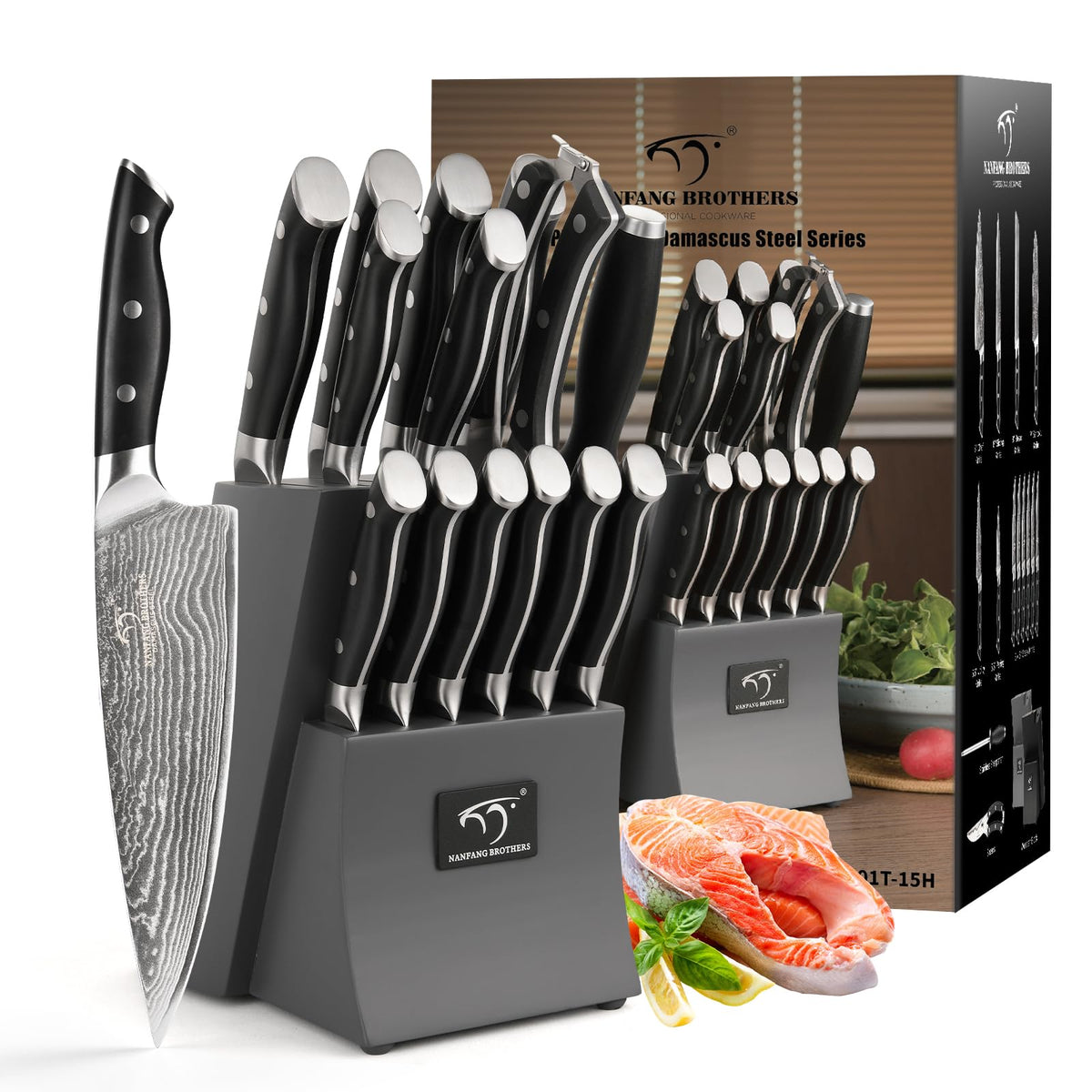 Damascus Kitchen Knife Set, 15-Piece Kitchen Knife Set with Block, ABS Ergonomic Handle for Chef Knife Set and Serrated Steak Knives Knife Sharpener and Kitchen Shears, 14 Slots Wooden Knife Block