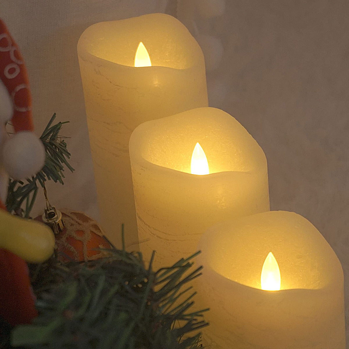 CANDLE CHOICE Real Wax Battery Operated Flameless Candles with Remote Automatic Daily Cycle Timer Realistic Flickering Electric LED Pillars Wedding Party Holiday Decorations 3 PCS Rustic Texture Ivory