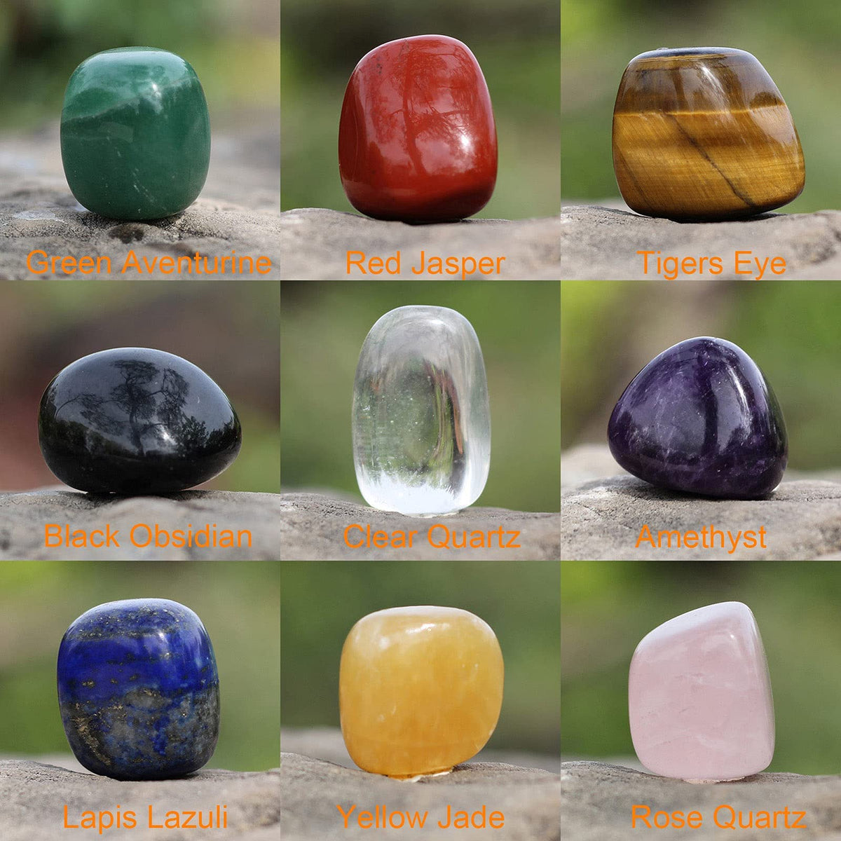 ZenQ Chakra Stones Healing Crystals-Tumbled Amethyst, Rose Quartz, Black Obsidian, Clear Quartz, Tigers Eye, Green Aventurine, Red Jasper, Lapis Lazuli Yellow Jade for Energy Crystal Healing