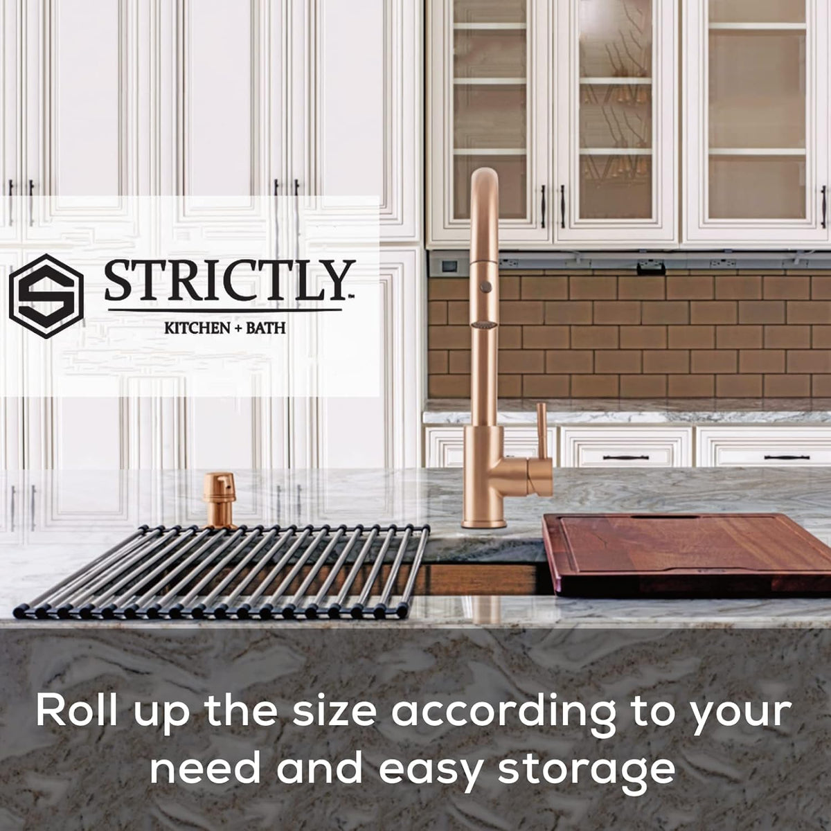 Strictly Sinks Stainless Steel Roll Up Dish Drying Rack β Gold 17 Inch Over The Sink Drying Rack Ideal for Workstation Sinks Only β Multipurpose Foldable Kitchen Dish Rack (17-3/8β³ x 13β³ x 3/8β³)