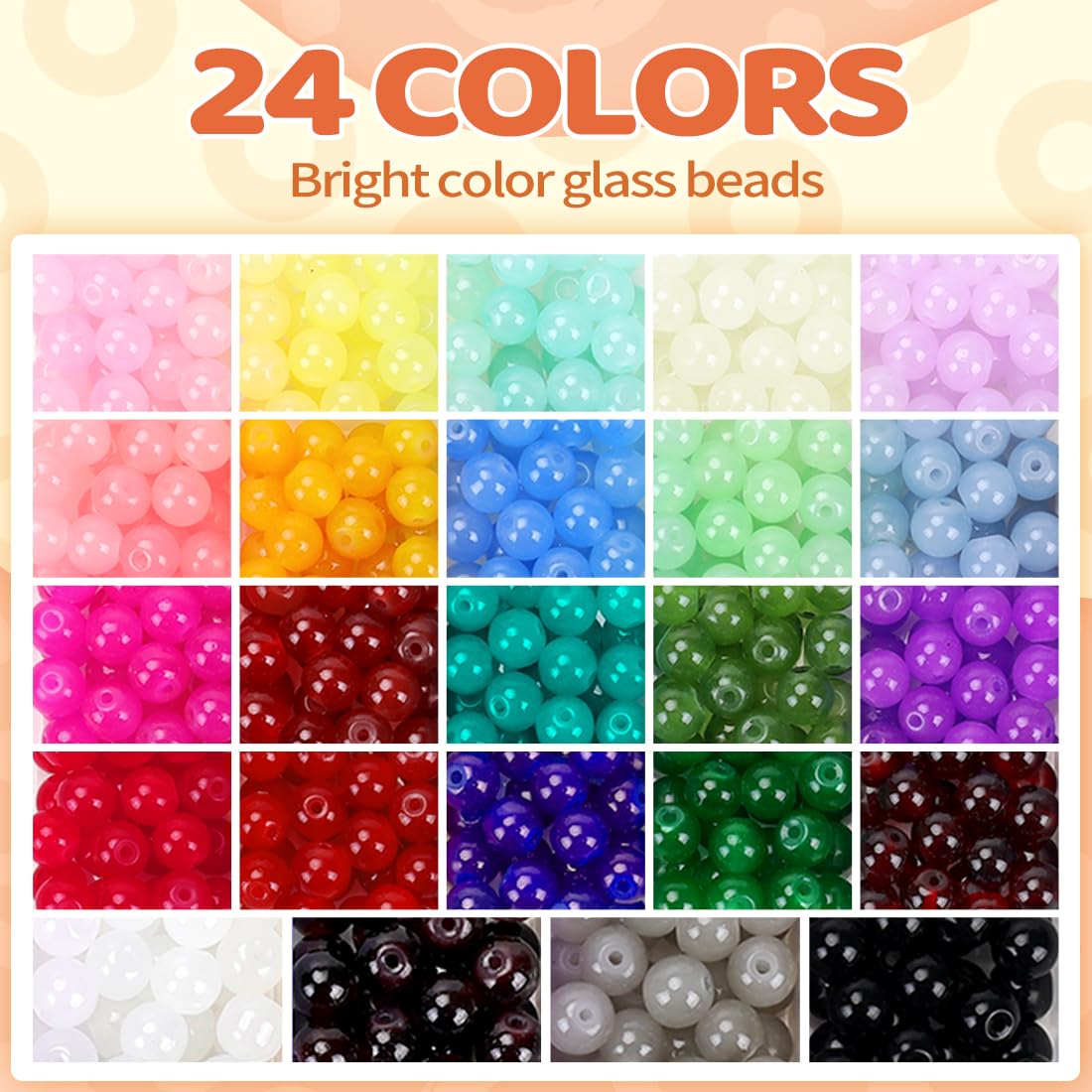 TrynJive 700pcs Glass Beads for Crafts– 24 Colors 8mm Crystal Glass Beads with Gold & Silver Spacer Beads and Elastic String for Bracelets, Necklace & DIY Crafts