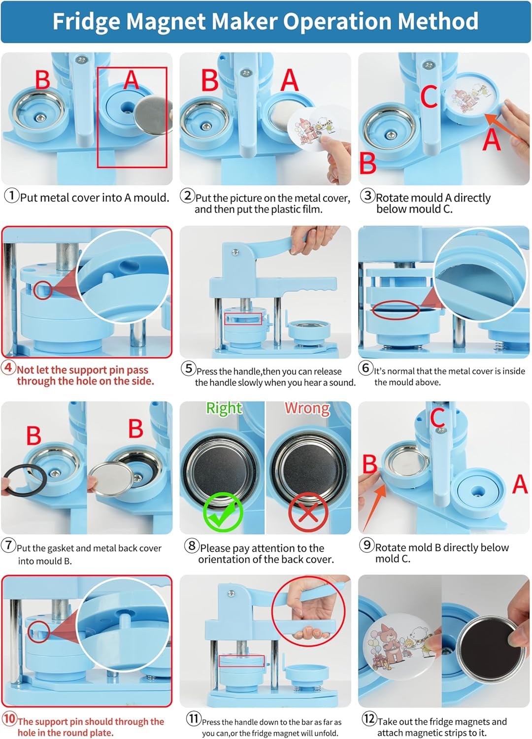 Happizza 100 Sets Button Maker Supplies for Fridge Magnet Maker Machine 58mm/2.25 inch, Including Metal Cover, Metal Back Cover, Clear Film, Blank Paper, Soft Magnet and Gasket