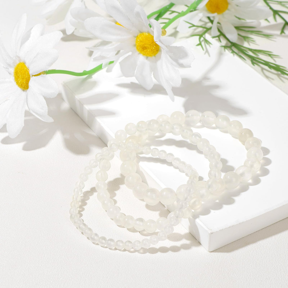 Bolinailo 3Pcs Natural Healing Crystal Bracelets for Women Men, 4mm 6mm 8mm Beaded Stretch Bracelet Set, Selenite Natural Stone Gemstone Jewelry Gifts for Meditation, Reiki & Yoga