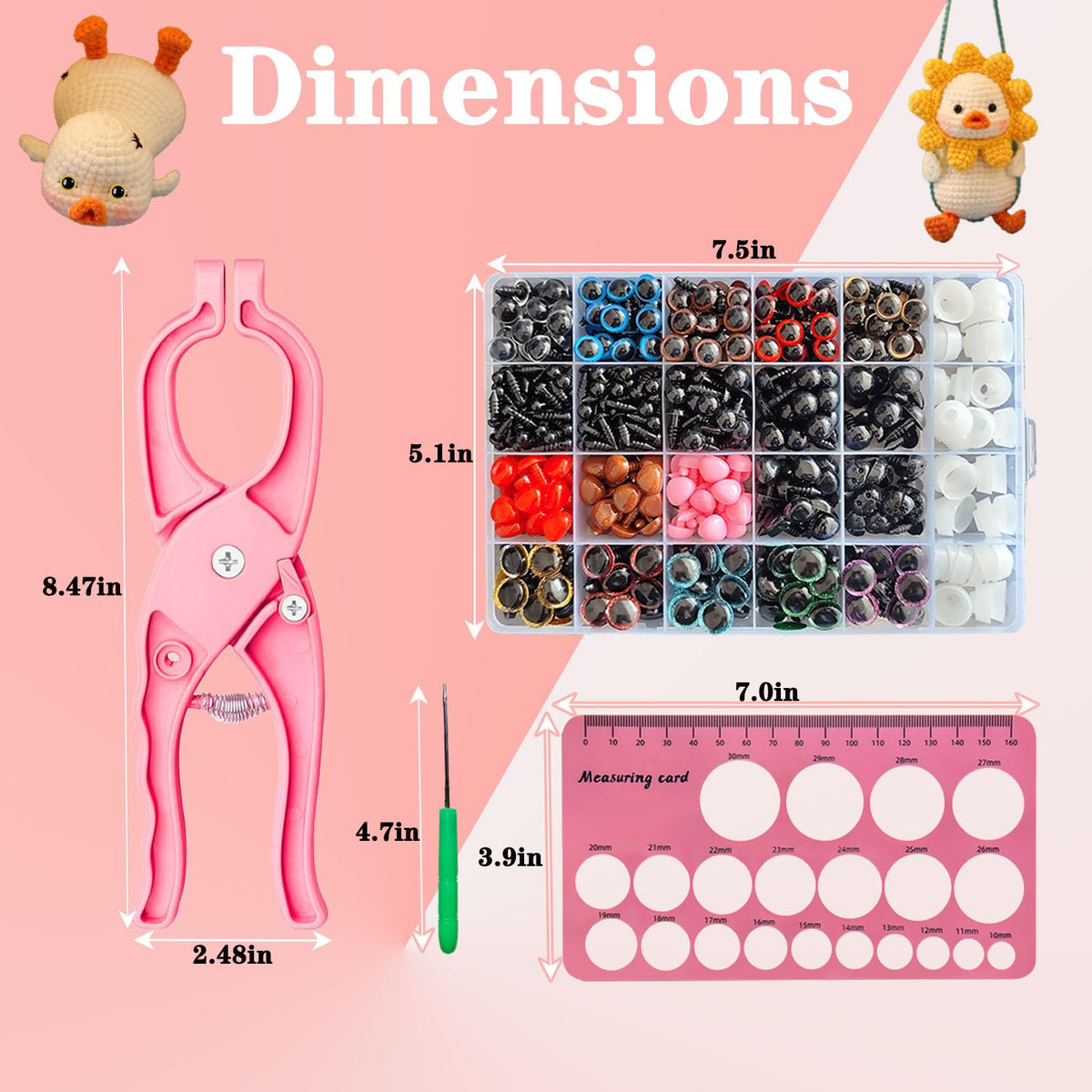 Safety Eye Tool Kit for Amigurumi & Crochet-1150PCS 3D Glitter Safety Eyes,5-30mm Stuffed Animals Safety Eyes Doll Making Supplies,Safety Eye 10-30mm Sizer Tool,Ergonomic Design for Crafting (Pink)