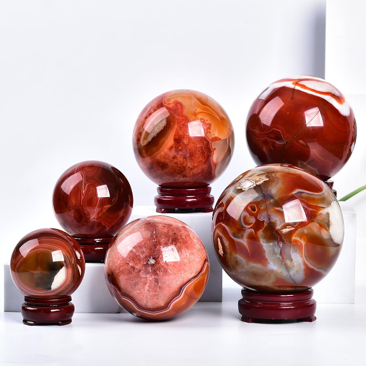 JIC Gem Large Red Agate Crystal Ball 4 inch(100mm) Round Healing Crystals Decorative Sphere with Wooden Stand Meditation Witchcraft Home Decor